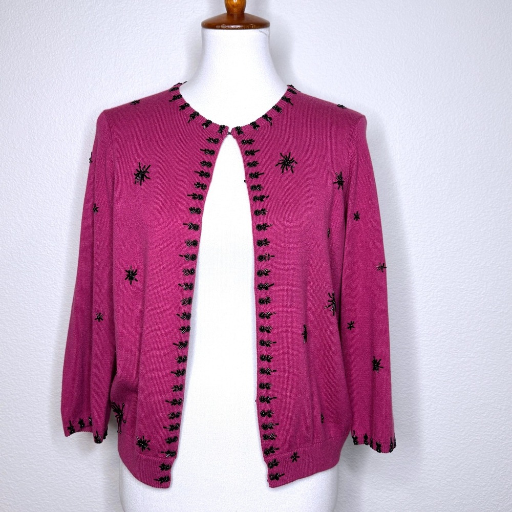 Vtg CHRISTIE & JILL Silk Cashmere Blend Beaded Cardigan Sweater LG Dk Pink
